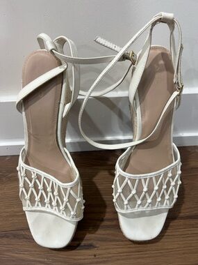 Aldo White Woven Strap Ankle-Tie Heels